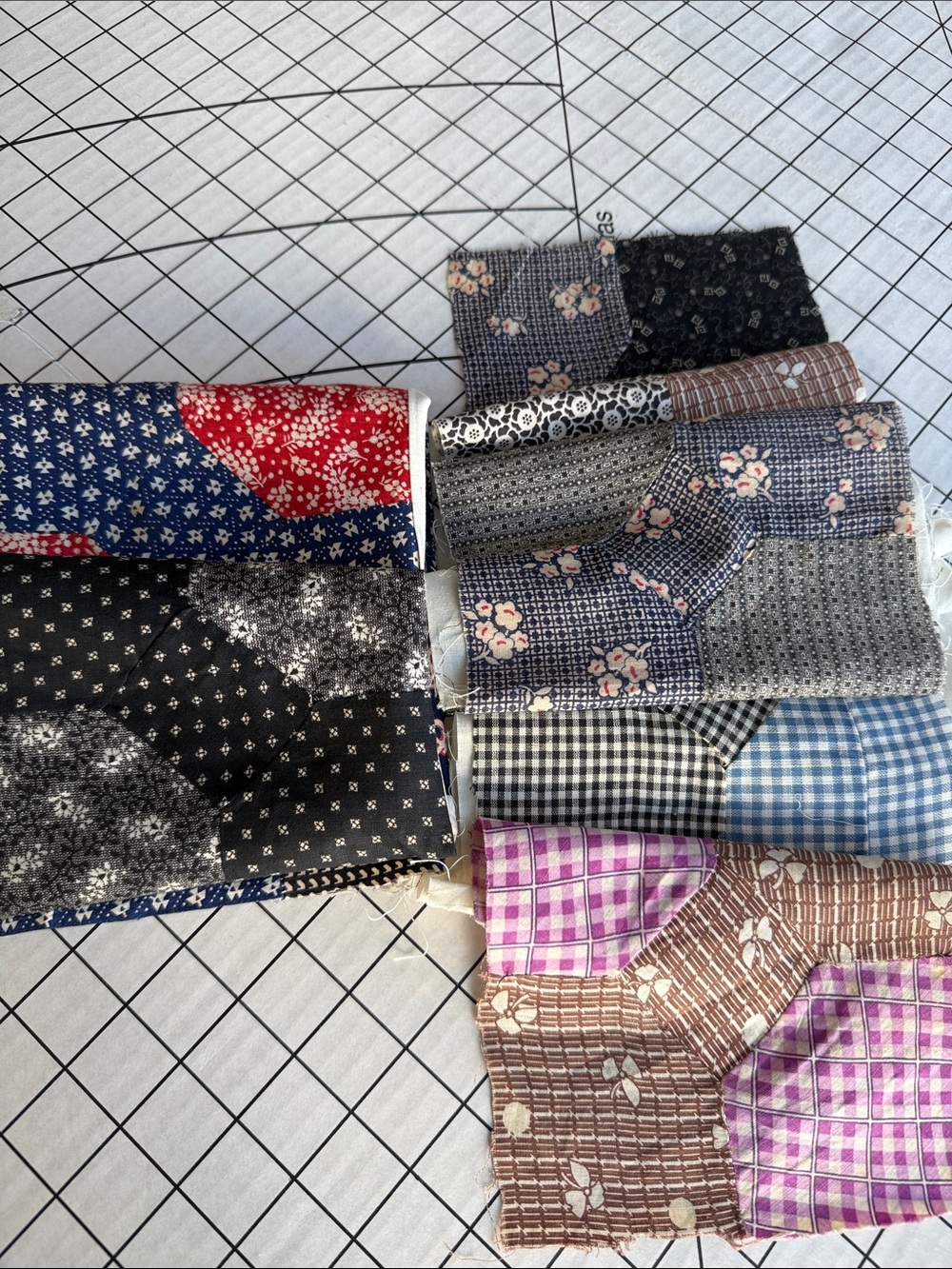 19 Vintage Hand Pieced Quilt Blocks Partial Quilt Panels (2 panels) 6” Cotton